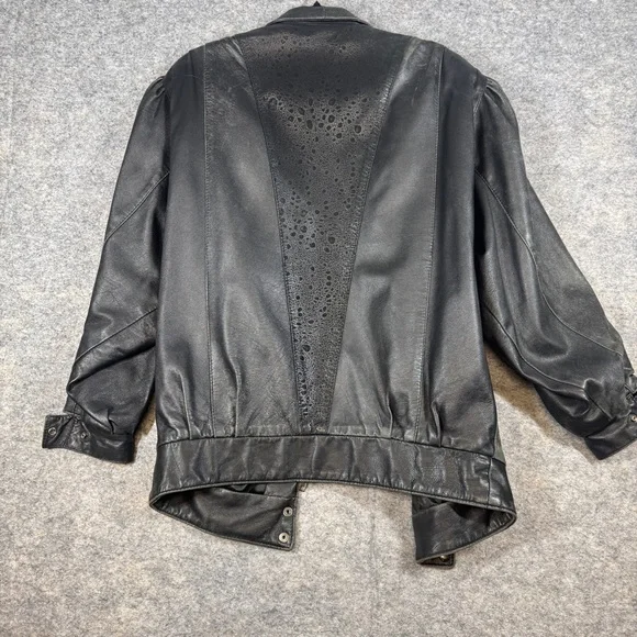 Vintage 80s Black Leather Bomber Jacket Women Oversized Puff Sleeve Retro Grunge - Picture 13 of 16